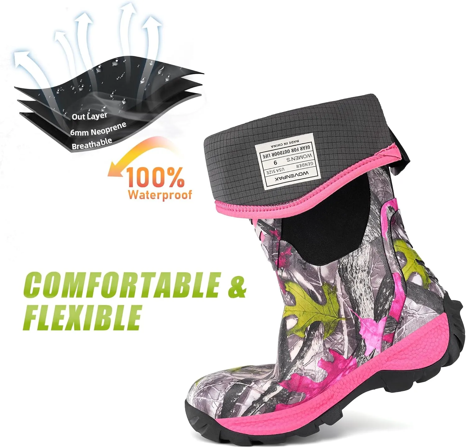 Wovenpak Rain Boots Women, Rubber Boots for Women Insulated Hunting Boots with Steel Shank, Waterproof Boots for Women, Womens Work Boots 6mm Neoprene Rain Boots Outdoor, Size 6-11