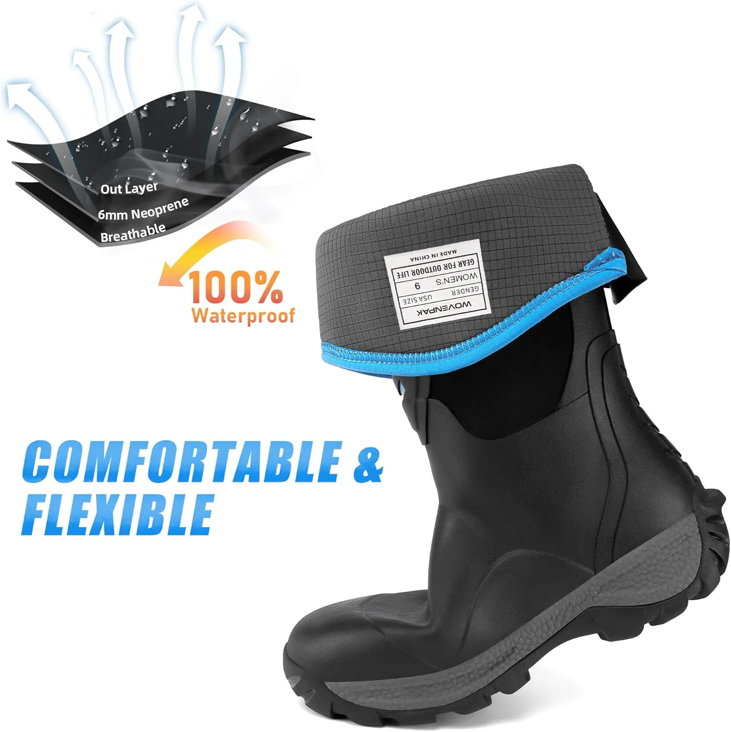 Wovenpak Rain Boots Women, Rubber Boots for Women Insulated Hunting Boots with Steel Shank, Waterproof Boots for Women, Womens Work Boots 6mm Neoprene Rain Boots Outdoor, Size 6-11