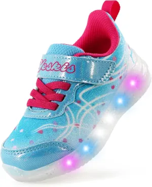 YESKIS Toddler Light Up Shoes for Girls Glitter LED Sole Breathable Lightweight Non Slip Running Sneakers for Toddler and Little Kid