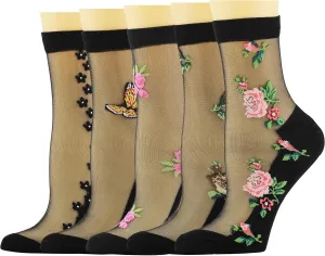 YFUNNLE 5Pairs Womens Ankle Sheer Socks Floral Cute Nylon Mesh Transparent Socks for Women Size 5-8