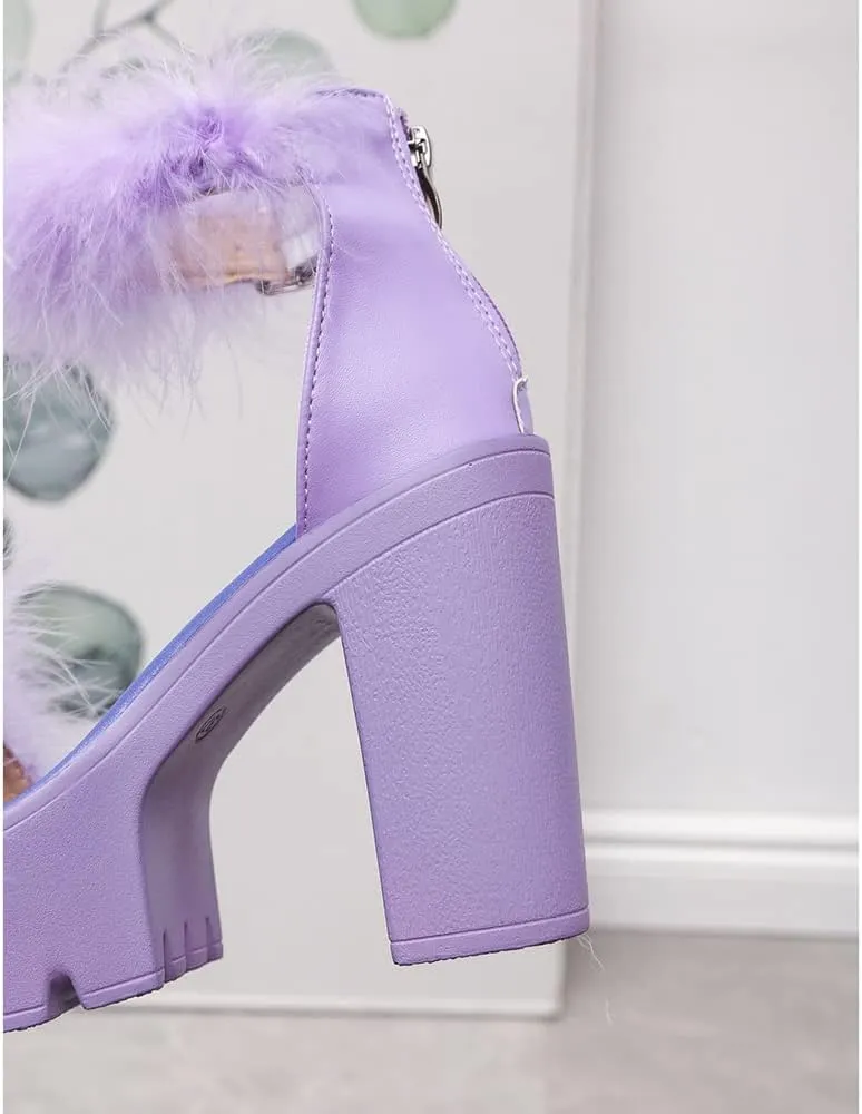 YSMIIH Women's Faux Fur Chunky Heel Sandals Platform Open Toe Fuzzy Ankle Strap Sexy Colorful Wedding Dress Heels