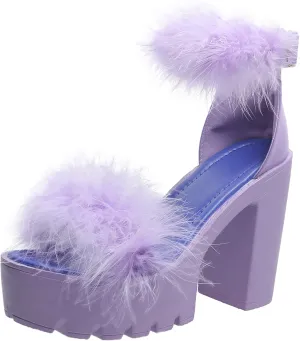 YSMIIH Women's Faux Fur Chunky Heel Sandals Platform Open Toe Fuzzy Ankle Strap Sexy Colorful Wedding Dress Heels