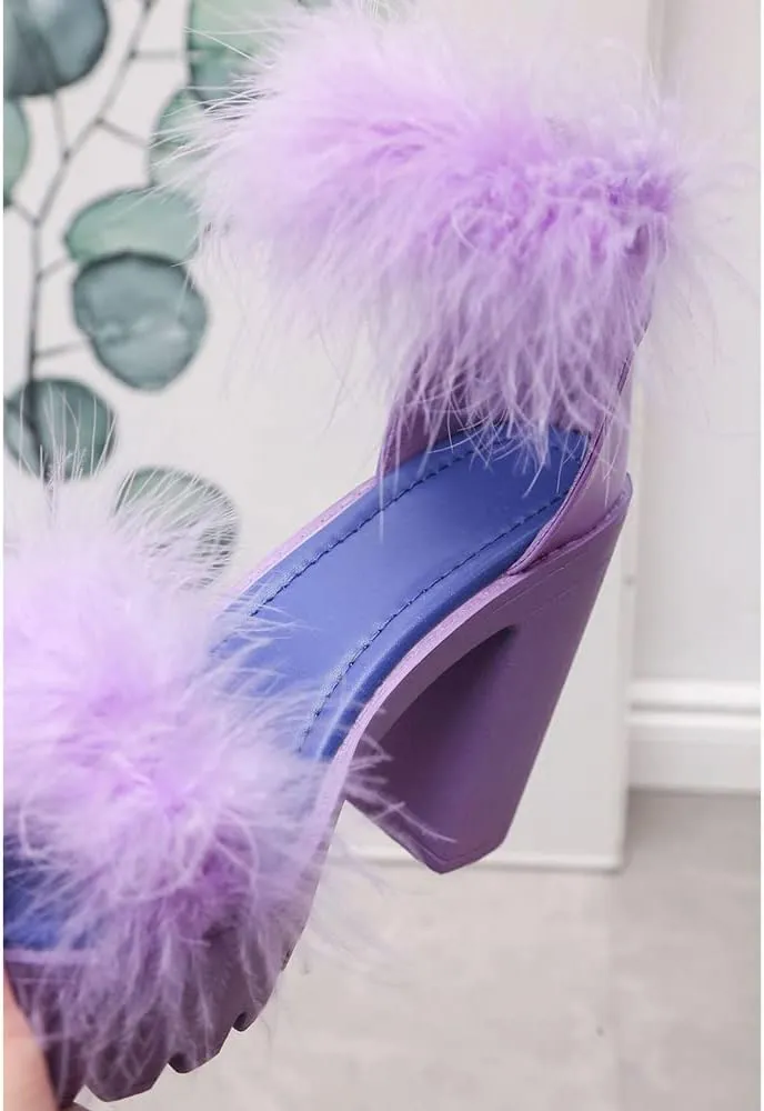 YSMIIH Women's Faux Fur Chunky Heel Sandals Platform Open Toe Fuzzy Ankle Strap Sexy Colorful Wedding Dress Heels