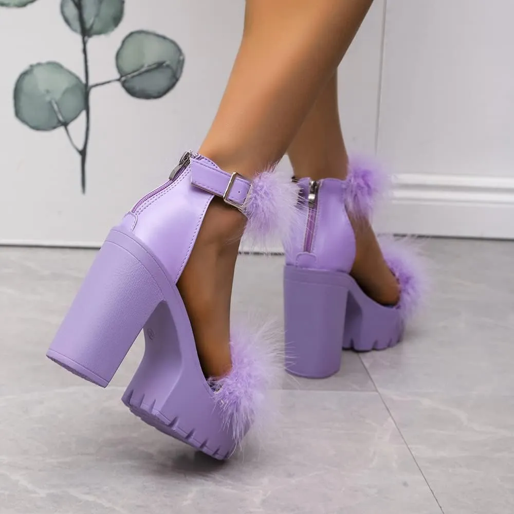 YSMIIH Women's Faux Fur Chunky Heel Sandals Platform Open Toe Fuzzy Ankle Strap Sexy Colorful Wedding Dress Heels