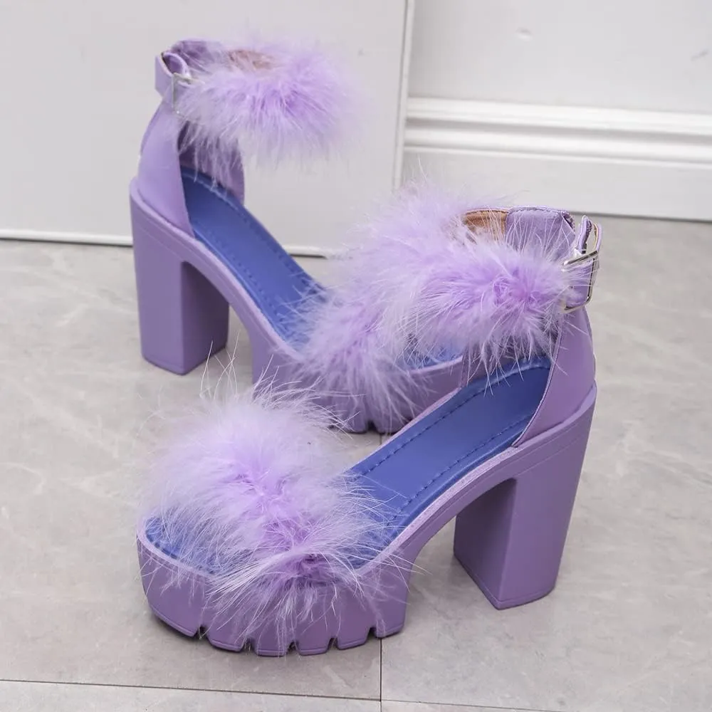 YSMIIH Women's Faux Fur Chunky Heel Sandals Platform Open Toe Fuzzy Ankle Strap Sexy Colorful Wedding Dress Heels