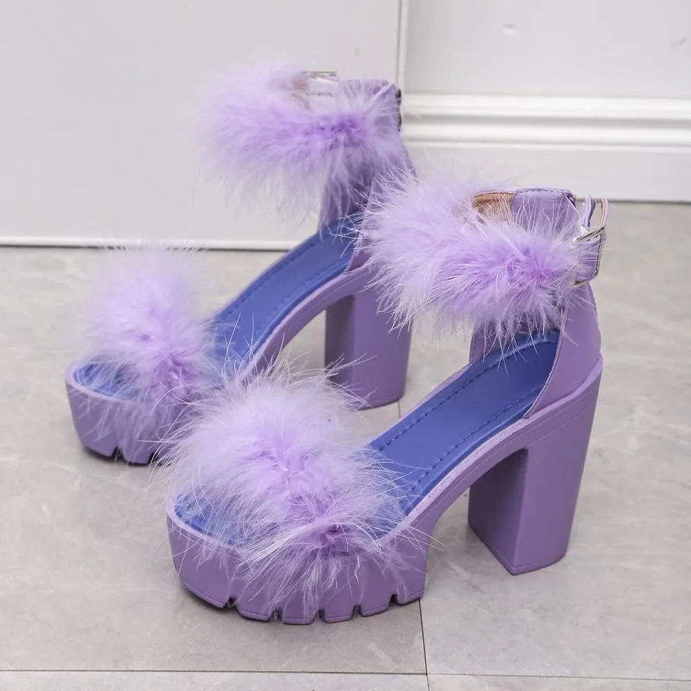 YSMIIH Women's Faux Fur Chunky Heel Sandals Platform Open Toe Fuzzy Ankle Strap Sexy Colorful Wedding Dress Heels