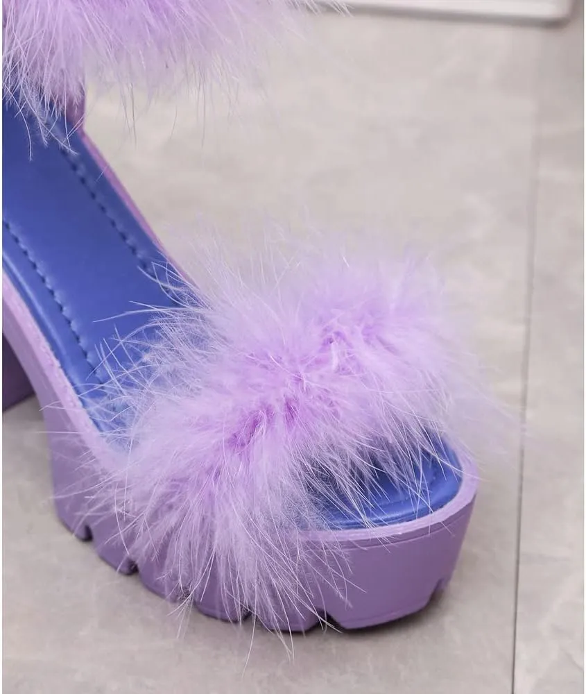 YSMIIH Women's Faux Fur Chunky Heel Sandals Platform Open Toe Fuzzy Ankle Strap Sexy Colorful Wedding Dress Heels